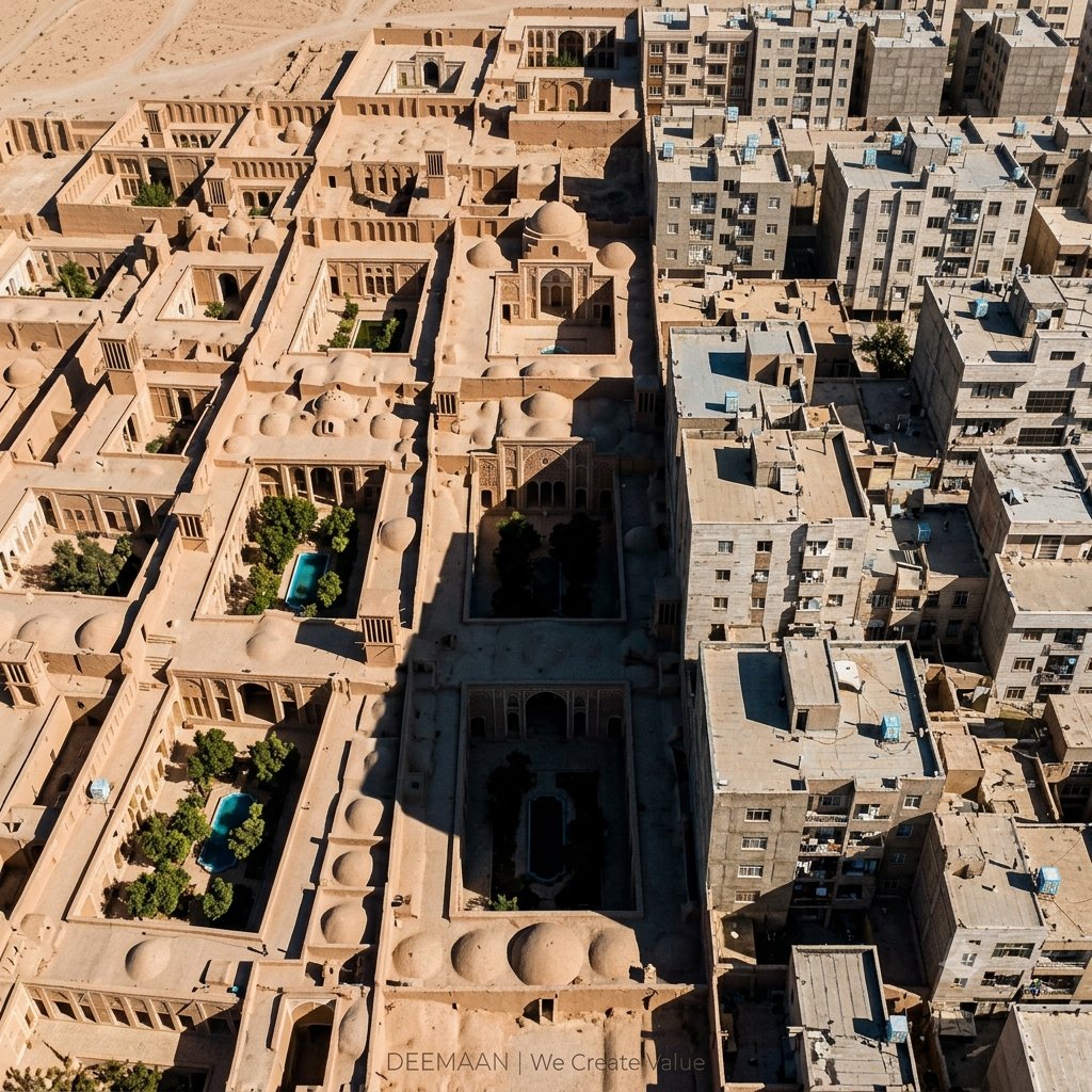 نمای هوایی معماری سنتی حیاط‌دار کرمان